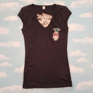 Women's Cherry Poppin' Daddies Black Cap-Sleeve V-Neck Tee Sz S
